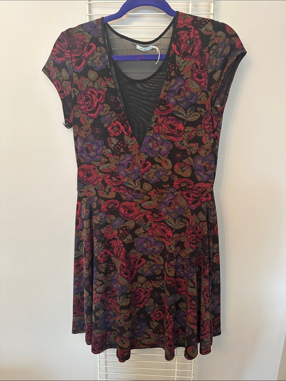 Kimchi Blue Black Floral V-Neck Fit & Flare Dress with Red and Purple Roses